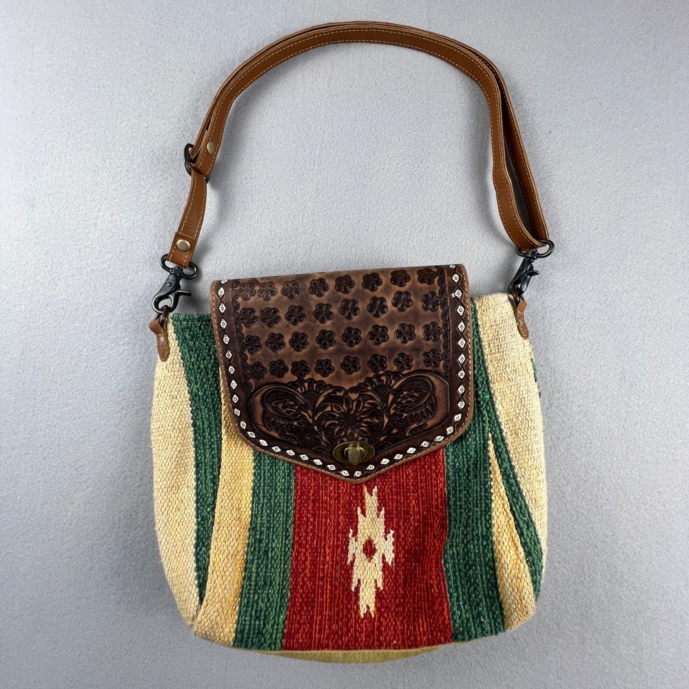 Myra Bag Western Crossbody Tooled Leather Canvas Aztec Boho Shoulder Bag